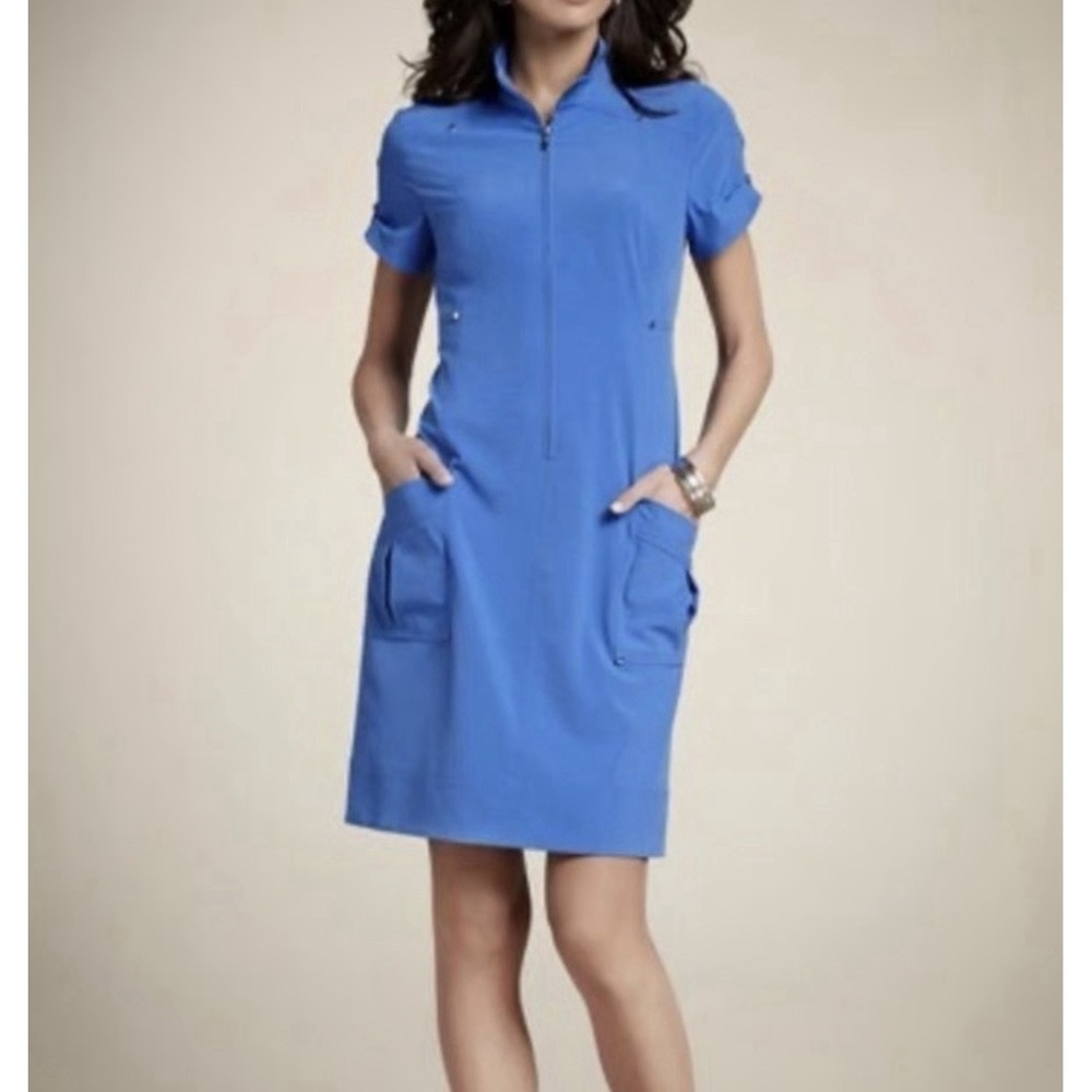 Chico's Zenergy Shift Dress Size Large Blue Half Zip Utility Pockets Travel Knit